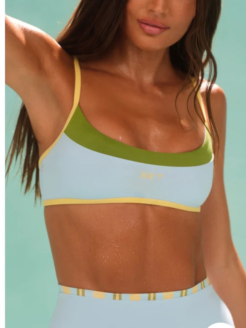 SET Active Light Blue and Olive Green Strappy Sports Bra with High-Waist Shorts - Picture 3 of 3